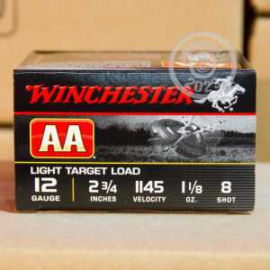 Image of the 12 GAUGE WINCHESTER AA LIGHT TARGET 2-3/4" GRAIN #8 SHOT (250 ROUNDS) available at AmmoMan.com.