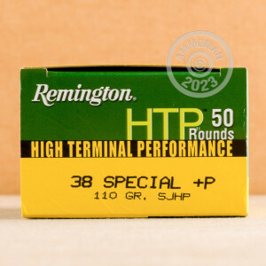 Photo detailing the 38 SPECIAL +P REMINGTON HTP 110 GRAIN SEMI-JACKETED HOLLOW POINT (500 ROUNDS) for sale at AmmoMan.com.