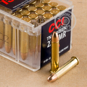 Photograph of .22 WMR ammo with HP ideal for hunting varmint sized game.