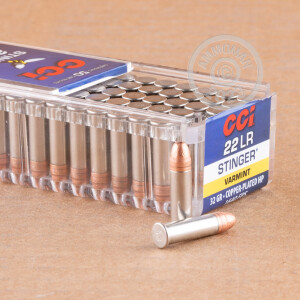 Photograph of .22 Long Rifle ammo with copper plated hollow point ideal for hunting varmint sized game, training at the range.
