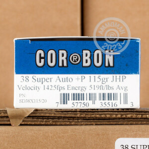 Photo detailing the 38 SUPER +P CORBON 115 GRAIN JHP (20 ROUNDS) for sale at AmmoMan.com.
