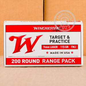 Photo detailing the 9MM LUGER WINCHESTER RANGE PACK 115 GRAIN FMJ (200 ROUNDS) for sale at AmmoMan.com.