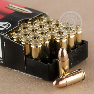 A photograph detailing the 9mm Luger ammo with FMJ bullets made by GECO.