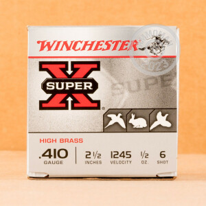 Photo detailing the 410 BORE WINCHESTER SUPER-X 2-1/2" 1/2 OZ. #6 SHOT (25 ROUNDS) for sale at AmmoMan.com.