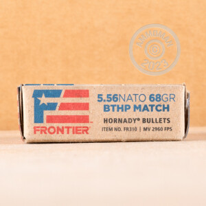 A photograph of 500 rounds of 68 grain 5.56x45mm ammo with a Hollow-Point Boat Tail (HP-BT) bullet for sale.
