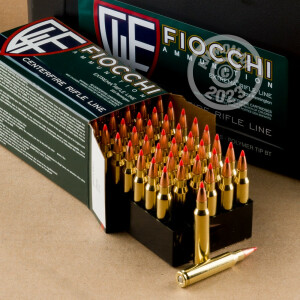 A photograph detailing the 223 Remington ammo with V-MAX bullets made by Fiocchi.