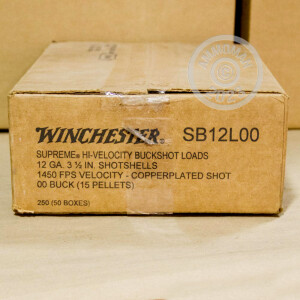 Photo detailing the 12 GAUGE WINCHESTER SUPREME 3 1/2" 00 BUCK (250 SHELLS) for sale at AmmoMan.com.