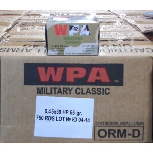 Photograph showing detail of 5.45X39 WOLF MILITARY CLASSIC 55 GRAIN HP (750 ROUNDS)