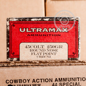 A photograph of 50 rounds of 250 grain .45 COLT ammo with a Round Nose bullet for sale.