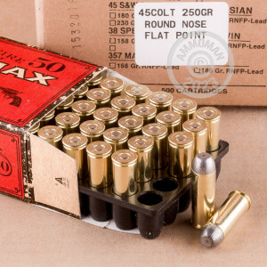 A photograph detailing the .45 COLT ammo with Round Nose bullets made by Ultramax.