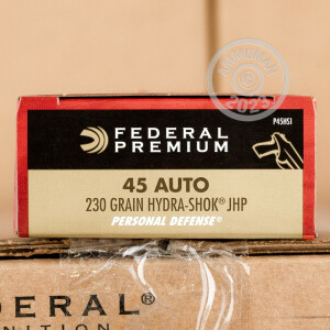 Photo detailing the 45 ACP FEDERAL HYDRA-SHOK 230 GRAIN JHP (20 ROUNDS) for sale at AmmoMan.com.