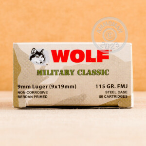 Photograph showing detail of 9MM LUGER WOLF WPA MILITARY CLASSIC 115 GRAIN FMJ (50 ROUNDS)