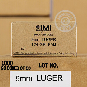 Image of 9mm Luger ammo by Israeli Military Industries that's ideal for training at the range.