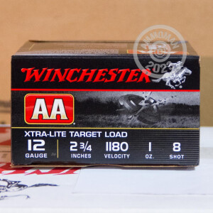 Photo detailing the 12 GAUGE WINCHESTER AA XTRA-LITE  2 3/4" 1 OZ. #8 SHOT (25 ROUNDS) for sale at AmmoMan.com.
