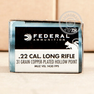 Photograph showing detail of 22 LR - 31 Grain Copper Plated HP - Federal Game-Shok - 50 Rounds
