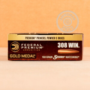 Photo detailing the 308 WIN FEDERAL GOLD MEDAL 168 GRAIN MATCHKING BTHP (200 ROUNDS) for sale at AmmoMan.com.