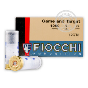 Photo detailing the 12 GAUGE FIOCCHI GAME AND TARGET 2-3/4“ 1 OZ. #8 SHOT (25 ROUNDS) for sale at AmmoMan.com.