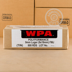 Photo detailing the 9MM LUGER WOLF POLYFORMANCE SPAM CAN 115 GRAIN FMJ (800 ROUNDS) for sale at AmmoMan.com.