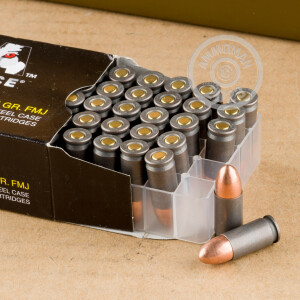 Photograph showing detail of 9MM LUGER WOLF POLYFORMANCE SPAM CAN 115 GRAIN FMJ (800 ROUNDS)