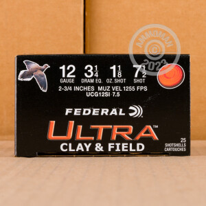 Photo detailing the 12 GAUGE FEDERAL ULTRA CLAY & FIELD 2-3/4" 1-1/8 OZ. #7.5 SHOT (250 ROUNDS) for sale at AmmoMan.com.