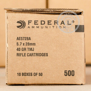 Photograph showing detail of 5.7X28MM FEDERAL AMERICAN EAGLE 40 GRAIN FMJ (500 ROUNDS)