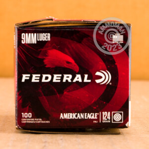 Photo detailing the 9MM FEDERAL AMERICAN EAGLE 124 GRAIN FMJ (100 ROUNDS) for sale at AmmoMan.com.