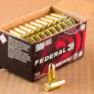 Photo detailing the 9MM FEDERAL AMERICAN EAGLE 124 GRAIN FMJ (100 ROUNDS) for sale at AmmoMan.com.