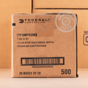 Photo detailing the 7.62 NATO FEDERAL GOLD MEDAL MATCH 175 GRAIN BTHP (500 ROUNDS) for sale at AmmoMan.com.