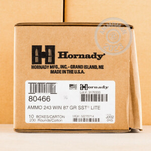 Photo detailing the 243 WINCHESTER HORNADY CUSTOM LITE 87 GRAIN SST (20 ROUNDS) for sale at AmmoMan.com.