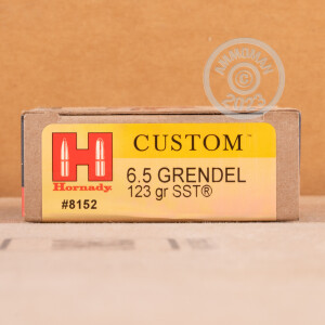 Photo detailing the 6.5MM GRENDEL HORNADY CUSTOM 123 GRAIN SST (20 ROUNDS) for sale at AmmoMan.com.