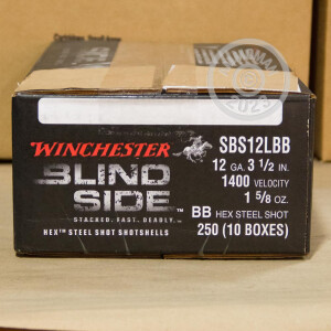 Image of the 12 GAUGE WINCHESTER ELITE BLIND SIDE 3-1/2" 1-5/8 OZ. BB HEX STEEL SHOT (25 ROUNDS) available at AmmoMan.com.