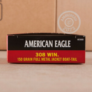 Photo detailing the 308 WIN FEDERAL AMERICAN EAGLE AMMO CAN 150 GRAIN FMJ-BT (200 ROUNDS) for sale at AmmoMan.com.