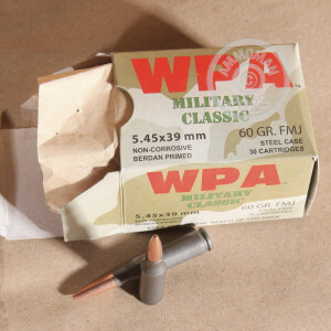 Photograph showing detail of 5.45X39 WOLF WPA 60 GRAIN FMJ (30 ROUNDS)