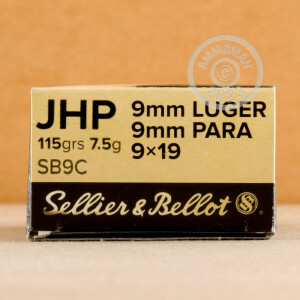 Photograph showing detail of 9MM LUGER SELLIER & BELLOT 115 GRAIN JHP (50 ROUNDS)