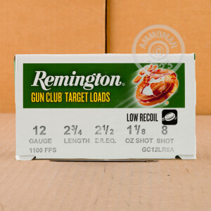 Photo detailing the 12 GAUGE REMINGTON GUN CLUB TARGET LOAD LOW RECOIL 2-3/4" 1-1/8 OZ. #8 SHOT (250 ROUNDS) for sale at AmmoMan.com.