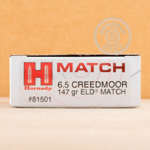 A photograph detailing the 6.5MM CREEDMOOR ammo with ELD Match bullets made by Hornady.