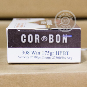 A photograph detailing the 308 / 7.62x51 ammo with Hollow-Point Boat Tail (HP-BT) bullets made by Corbon.