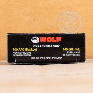 A photograph detailing the 300 AAC Blackout ammo with FMJ bullets made by Wolf.