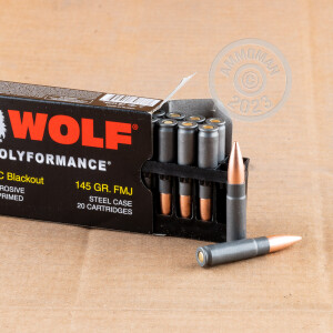 A photograph detailing the 300 AAC Blackout ammo with FMJ bullets made by Wolf.
