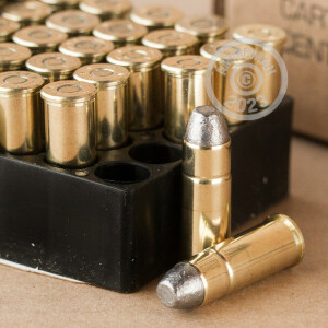 A photograph of 50 rounds of 200 grain 44-40 WCF ammo with a Lead Flat Nose bullet for sale.