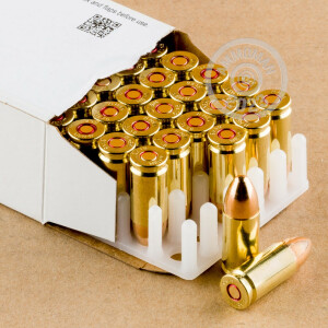 A photograph detailing the 9mm Luger ammo with FMJ bullets made by MEN.
