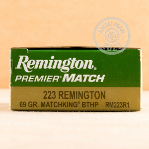 A photograph detailing the 223 Remington ammo with Hollow-Point Boat Tail (HP-BT) bullets made by Remington.