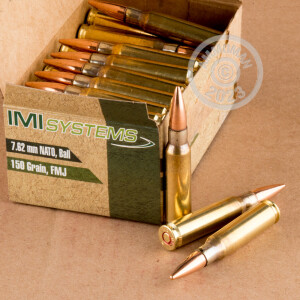 A photograph detailing the 308 / 7.62x51 ammo with FMJ bullets made by Israeli Military Industries.