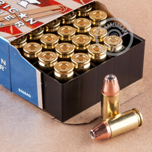 Photo detailing the 9MM LUGER HORNADY AMERICAN GUNNER 115 GRAIN JHP (25 ROUNDS) for sale at AmmoMan.com.