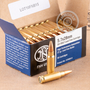 A photograph of 50 rounds of 27 grain 5.7 x 28 ammo with a JHP bullet for sale.