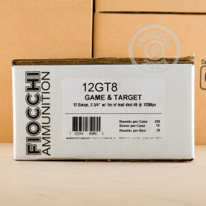 Image of the 12 GAUGE FIOCCHI GAME AND TARGET 2-3/4" #8 SHOT (250 SHELLS) available at AmmoMan.com.