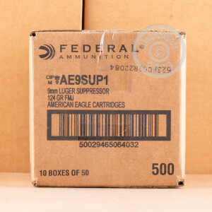 Photo detailing the 9MM LUGER FEDERAL AMERICAN EAGLE SUPPRESSOR 124 GRAIN FMJ (50 ROUNDS) for sale at AmmoMan.com.