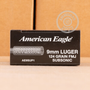 Photograph showing detail of 9MM LUGER FEDERAL AMERICAN EAGLE SUPPRESSOR 124 GRAIN FMJ (50 ROUNDS)