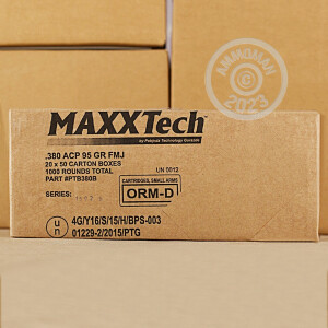 A photo of a box of MaxxTech ammo in .380 Auto.