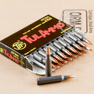 A photograph detailing the 223 Remington ammo with HP bullets made by Tula Cartridge Works.
